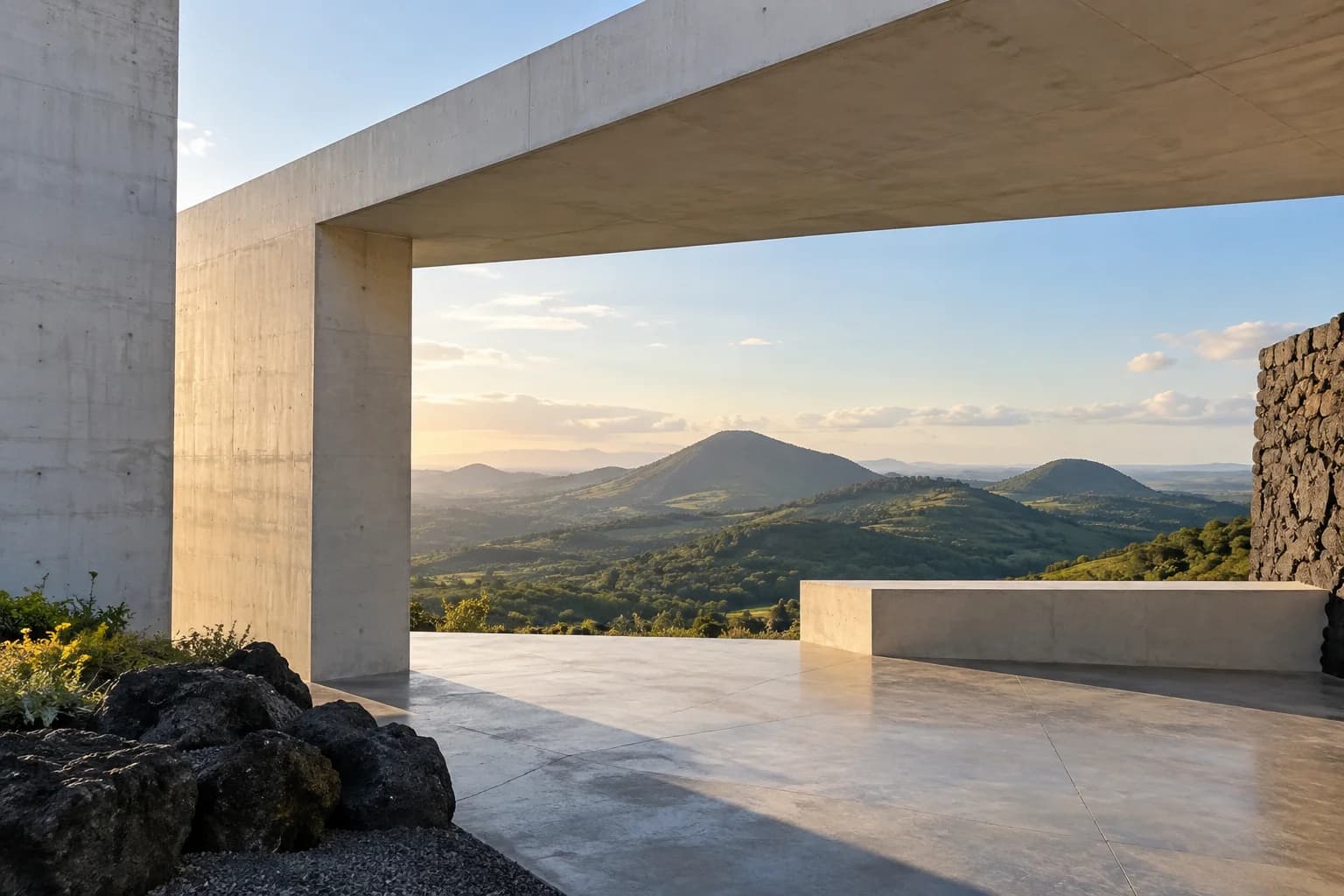 Architecture contemporaine imaginaire ouverte sur des reliefs volcaniques